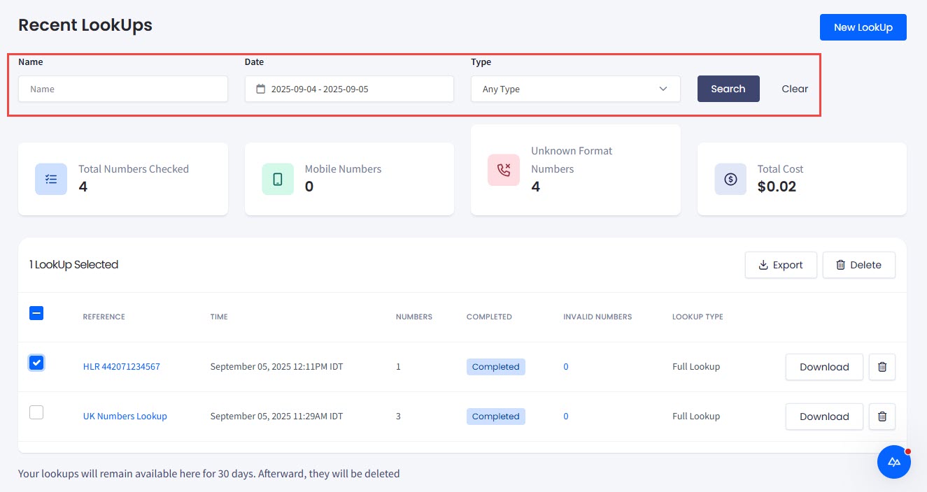 Screenshot with filtering lookups