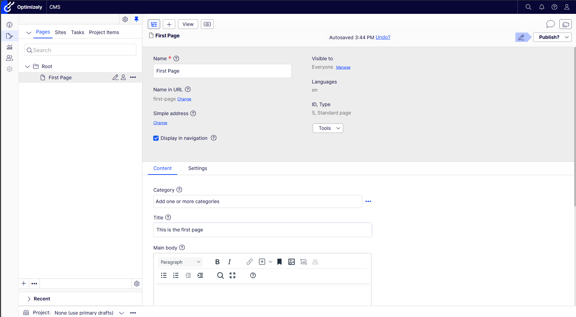 Screenshot of the page tree where showing the newly created start page with hostname configured