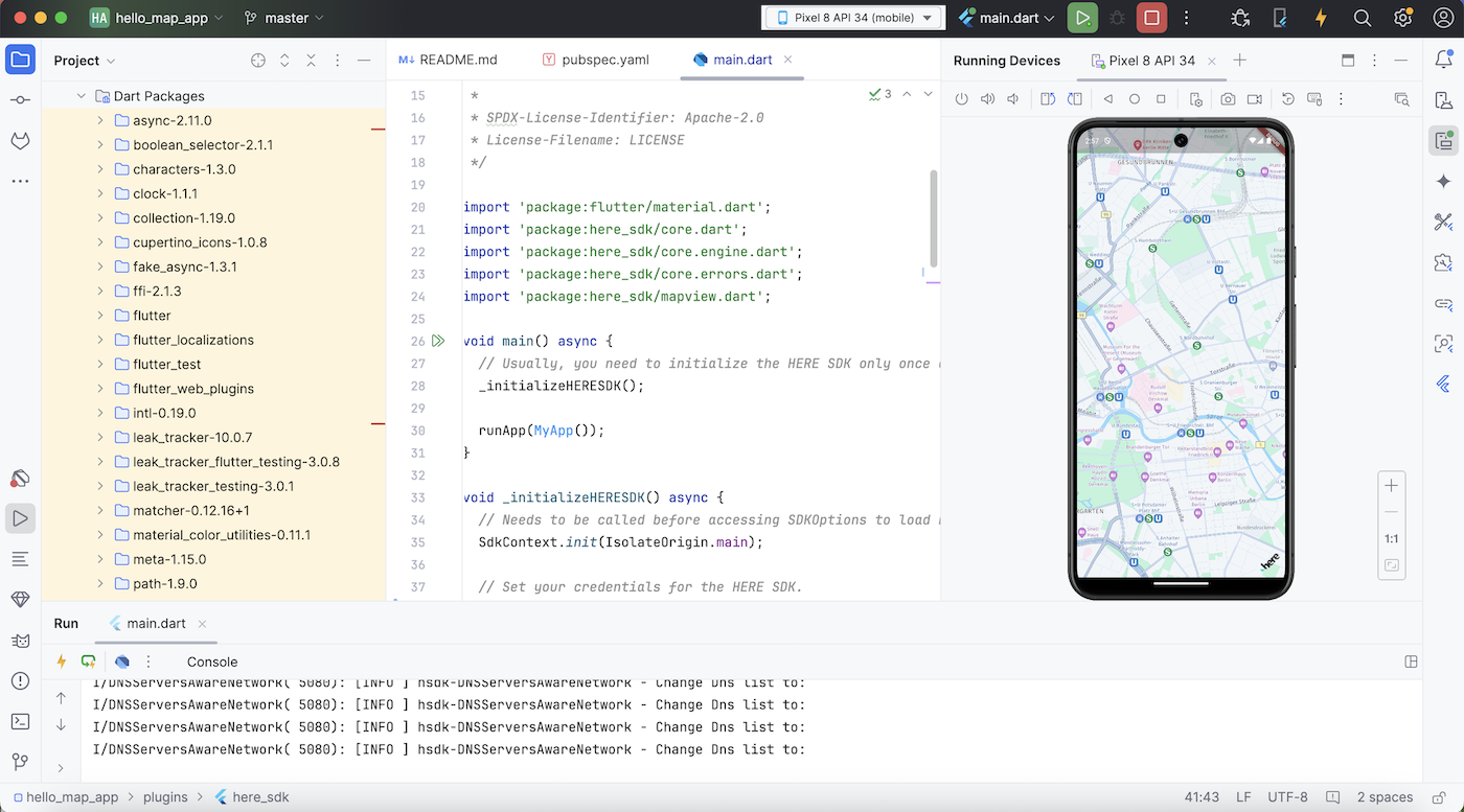 "hello_map_app" example running in an Android emulator.