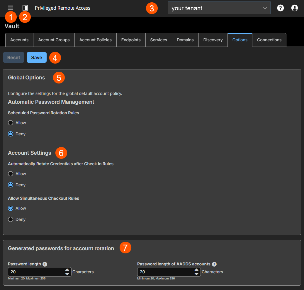 An image of the Vault settings page in a Privileged Remote Access interface. The interface includes navigation options such as Accounts, Account Groups, Account Policies, Endpoints, Services, Domains, Discovery, and Options. The main content displays Global Options and Account Settings sections. Global Options include settings for automatic password management, scheduled password rotation rules, and maximum password age (30 days). Account Settings include rules for automatic credential rotation after check-in and simultaneous checkout permissions. Buttons for Reset and Save are present.