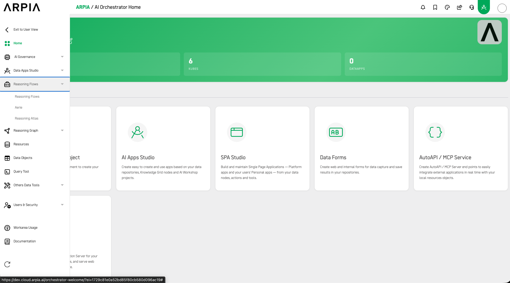 Side menu — Reasoning Flows expanded Side menu with Reasoning Flows expanded showing Reasoning Flows, Aerie, and Reasoning Atlas