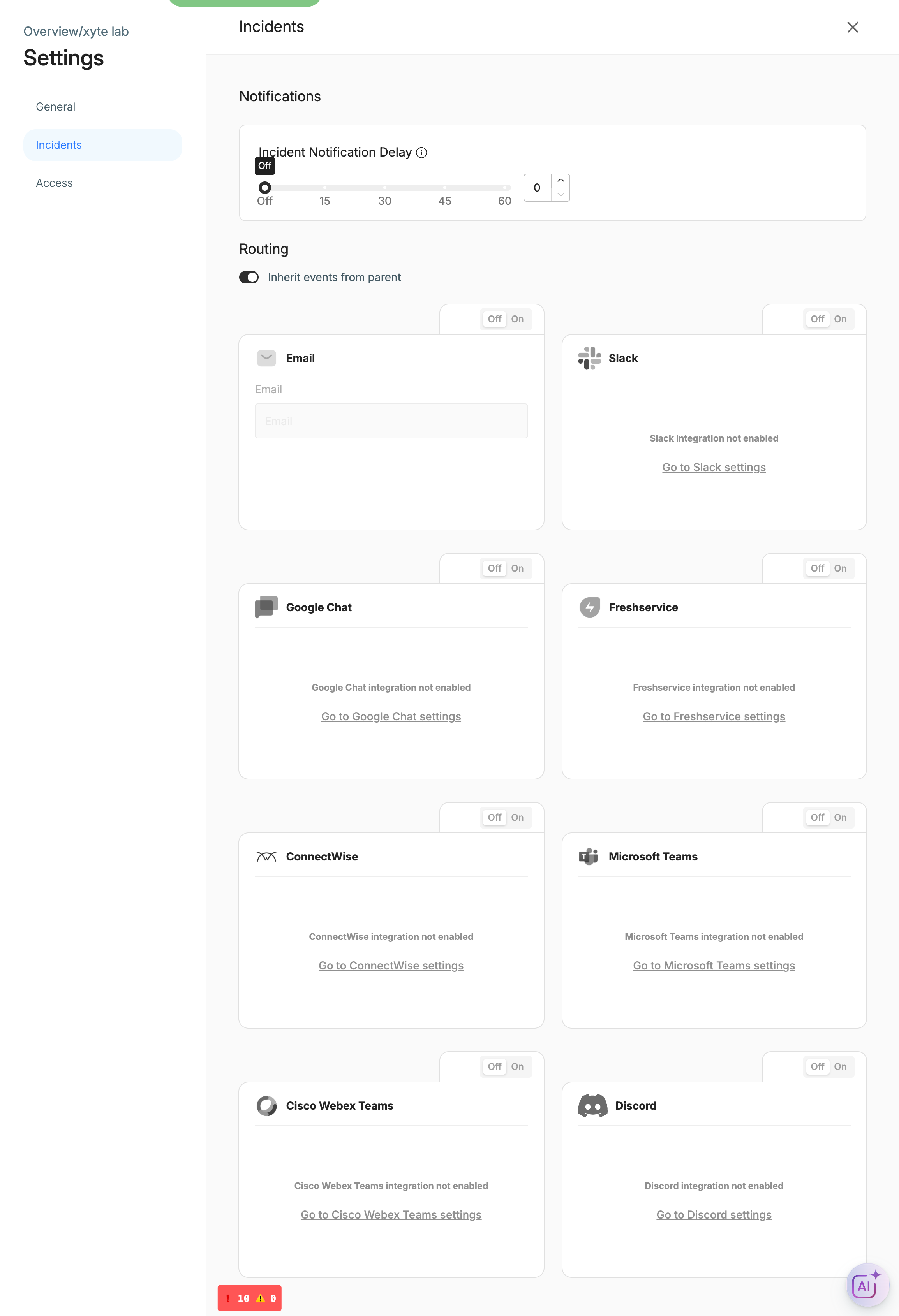 The Incidents tab of a space's Settings The Incidents tab: an Incident Notification Delay slider under Notifications, then a Routing section with an Inherit events from parent toggle and one card per channel. Each card here reads for example 'Microsoft Teams integration not enabled' with a 'Go to Microsoft Teams settings' link.