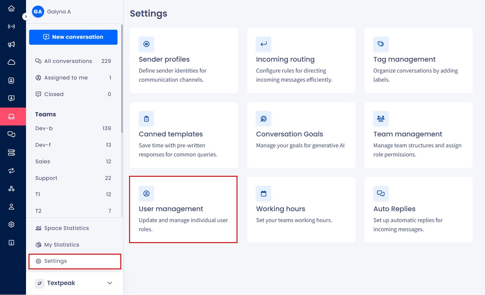 Screenshot of the User management page