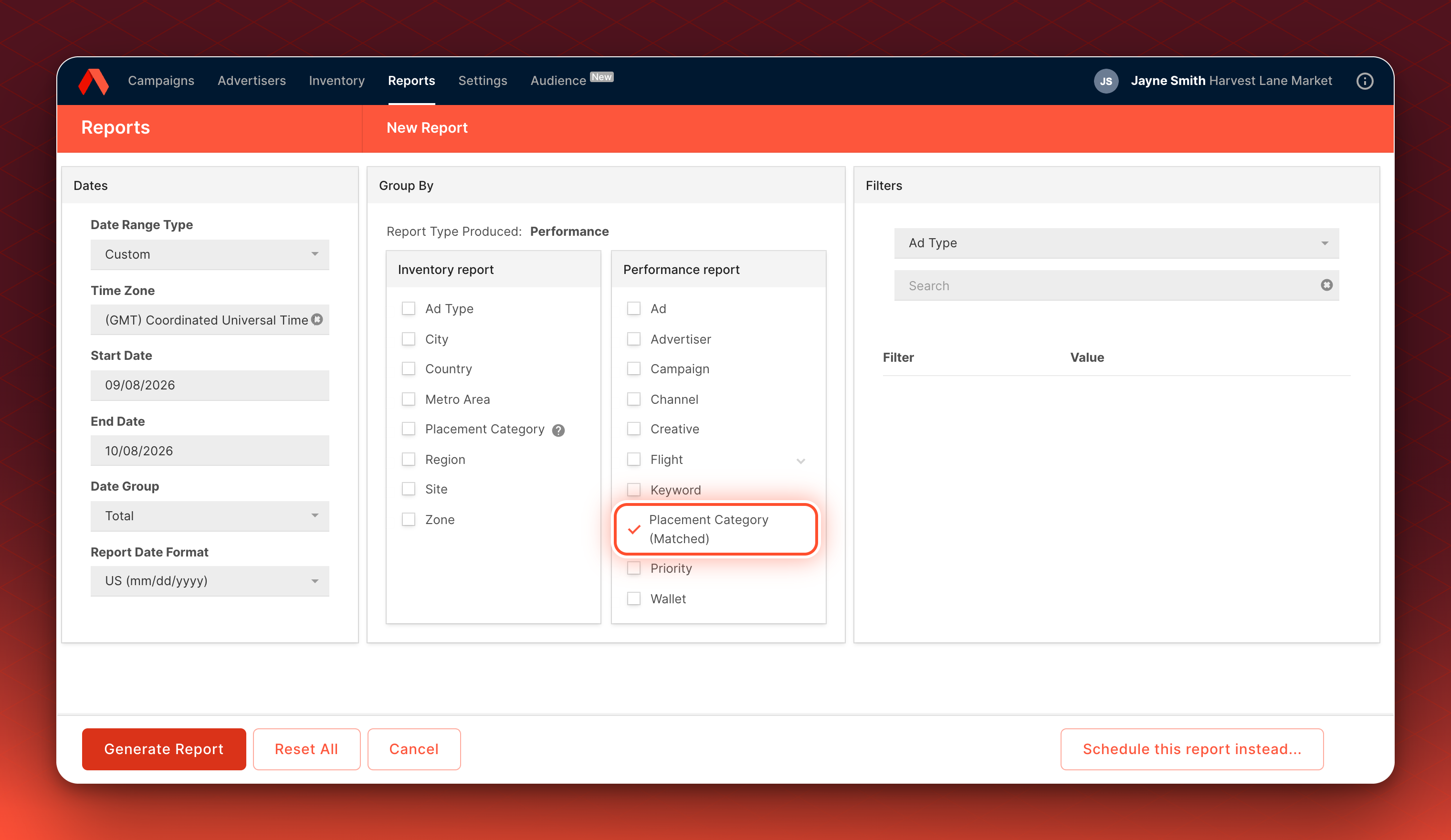 The report builder with Placement Category (Matched) ticked in the Performance report column of Group By.