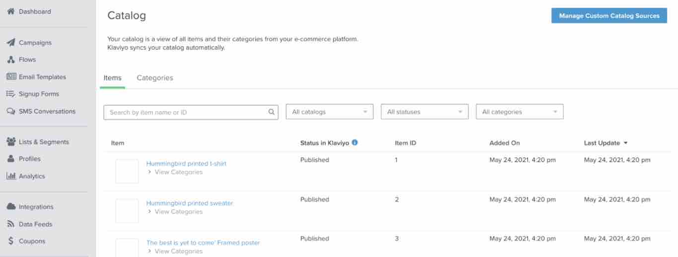Catalog tab in Klaviyo with populated items in various fields with a Manage Custom Catalog Sources button in blue