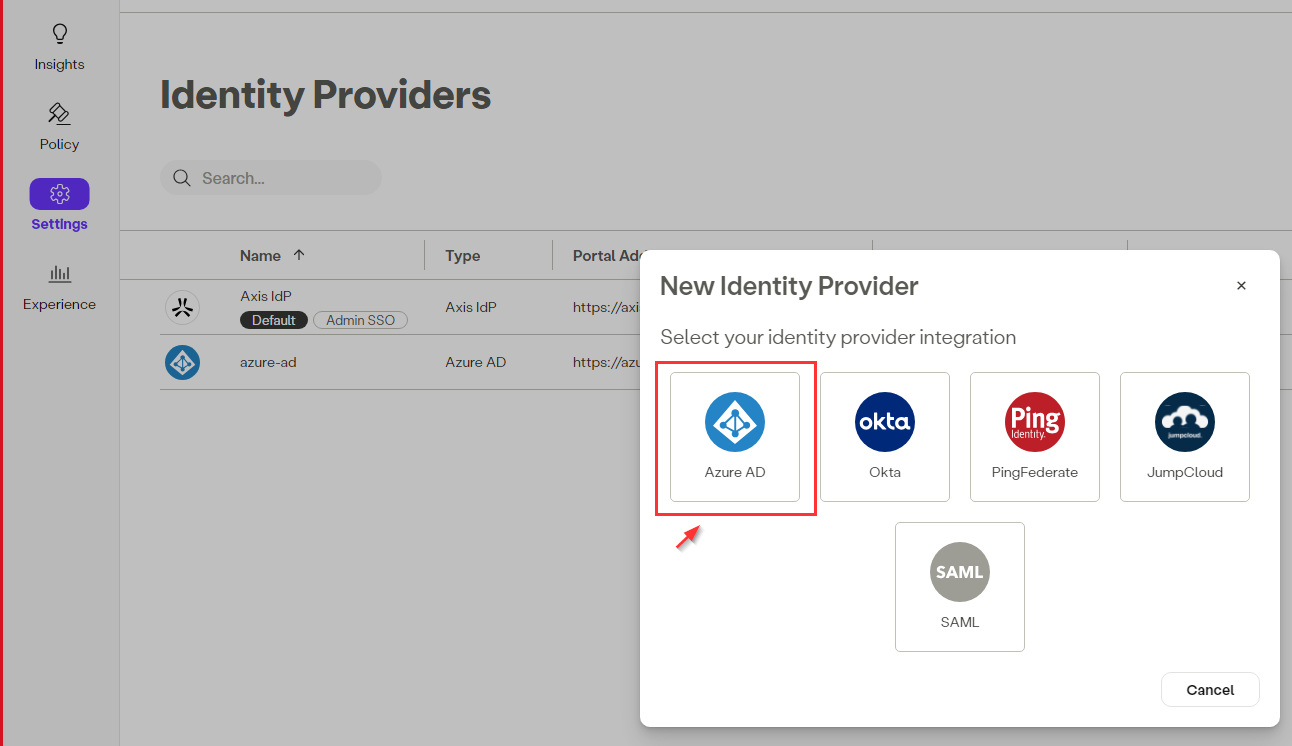 **Identity Providers** page in **Axis Management Console**