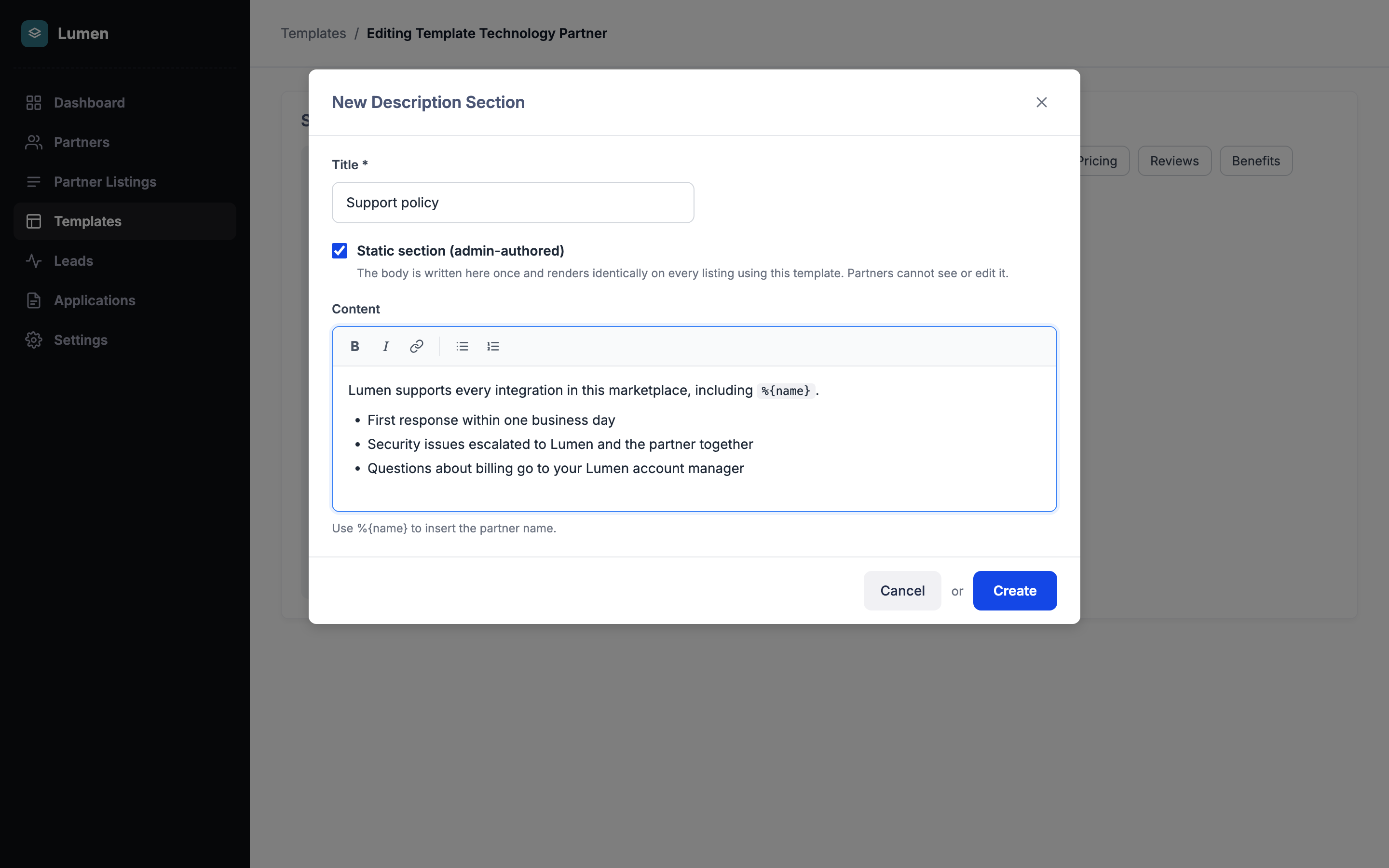Listing template editor with a Static Section block added.