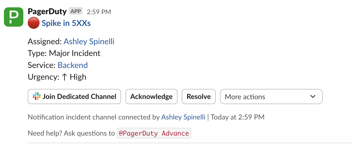 A PagerDuty incident card in a notification channel