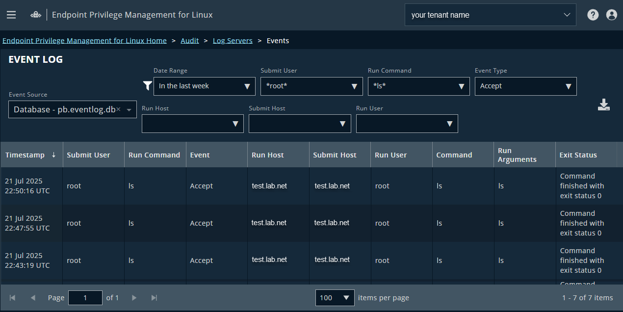 Events page with filtered results in EPM for Linux