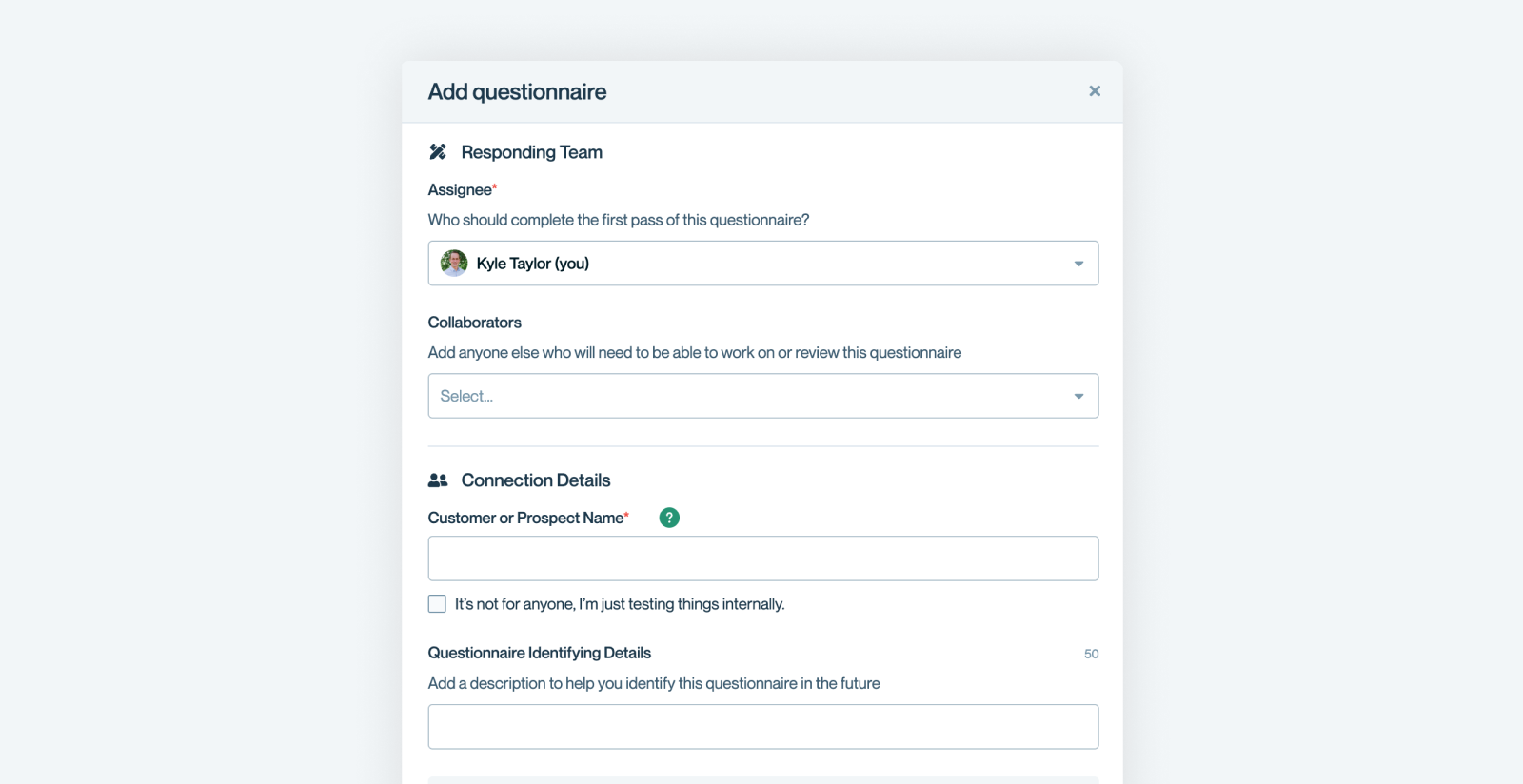 The “Add Questionnaire” modal showing all fields.