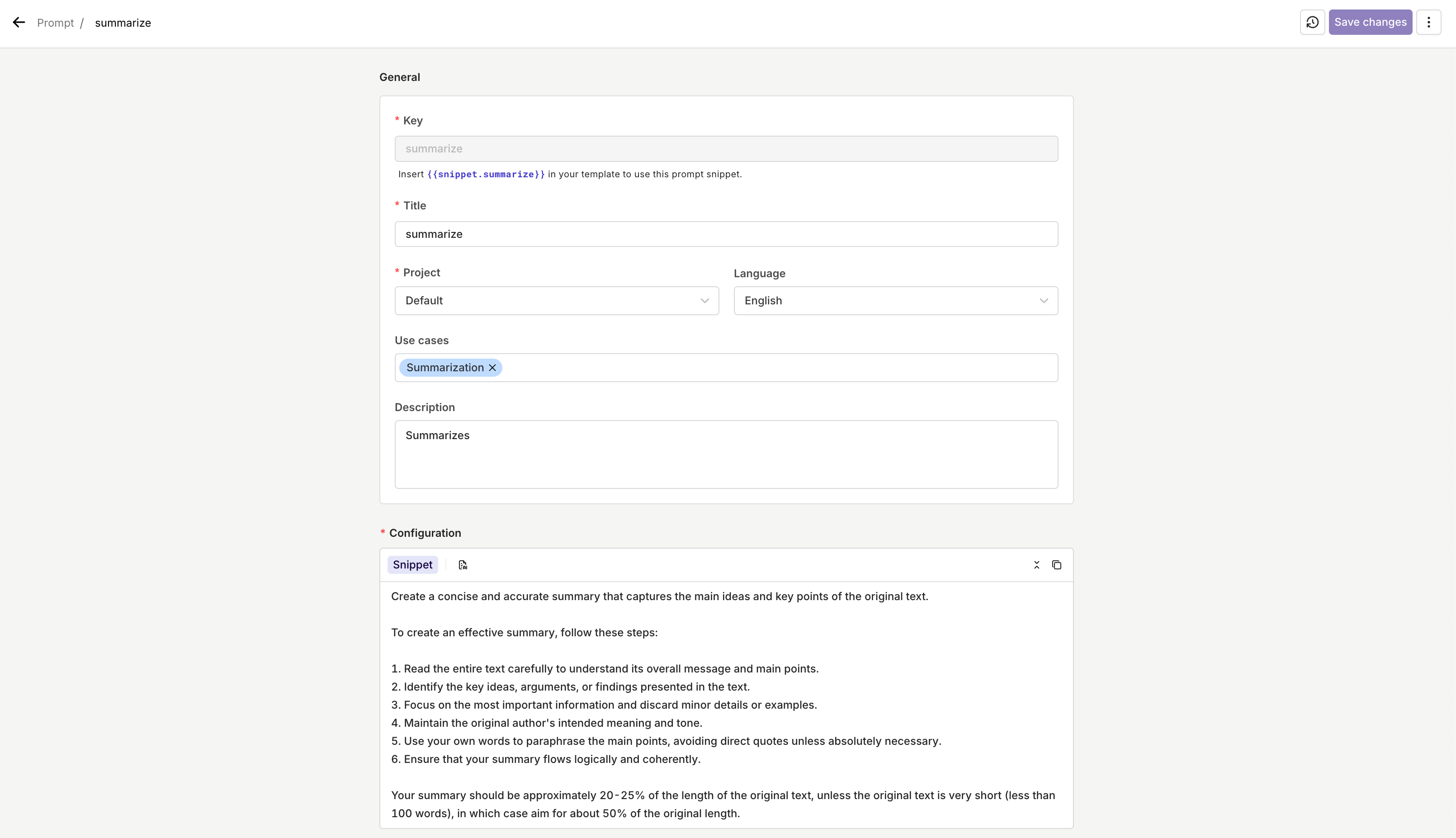 The configuration of the Prompt Snippet {{snippet.summarize}} inside of the Prompt Library