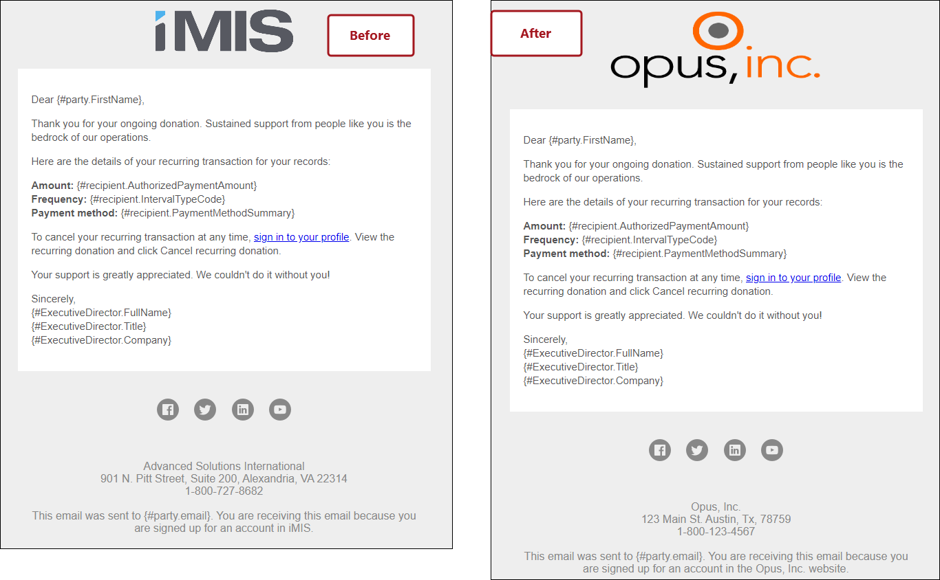 Replacing the sample logo and contact information in a communication template