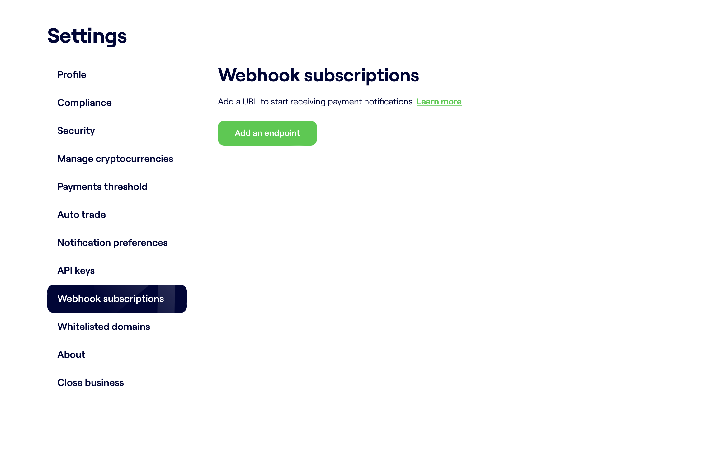 webhook subscriptions page under settings