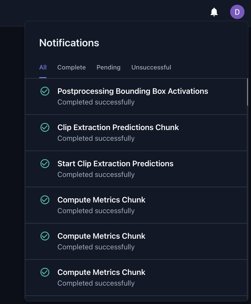 Figure 1. Notifications tab where users can track the progress of dataset processing tasks