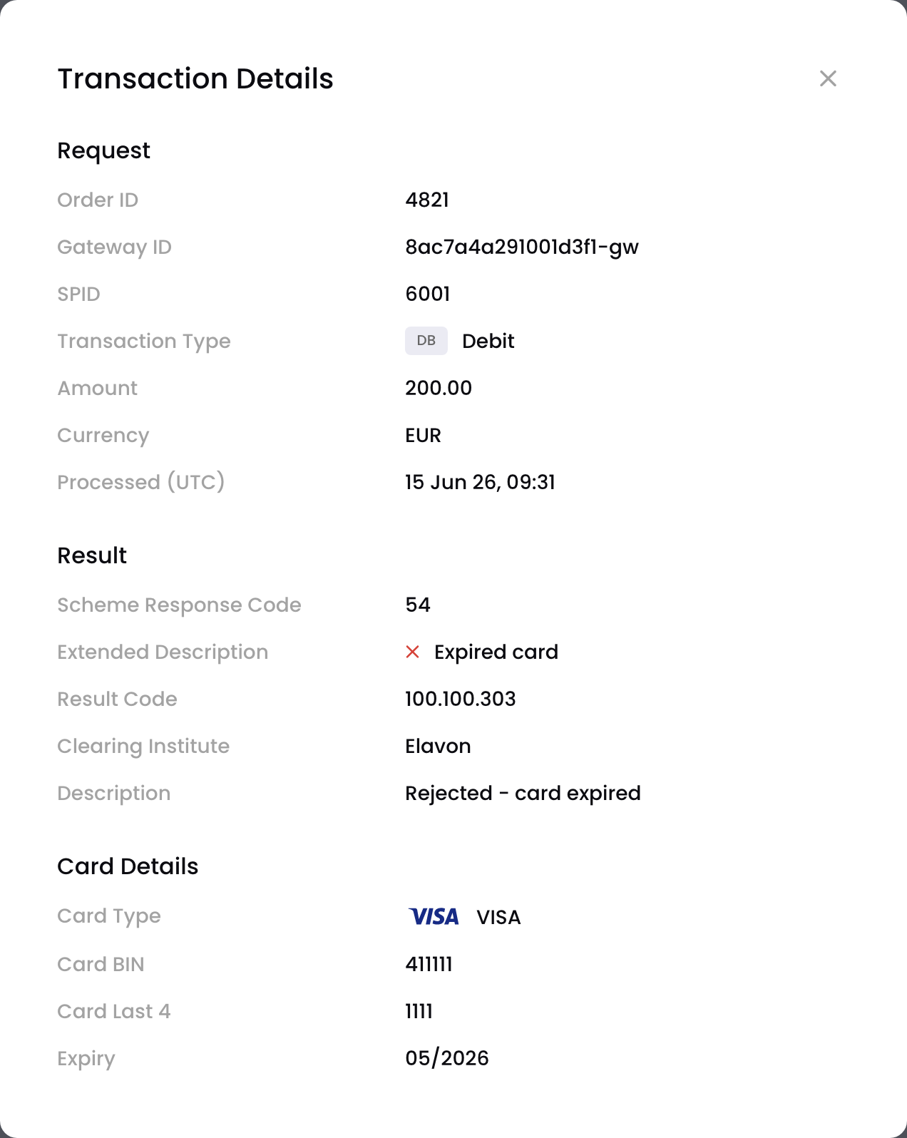 Transaction Details for an expired card
