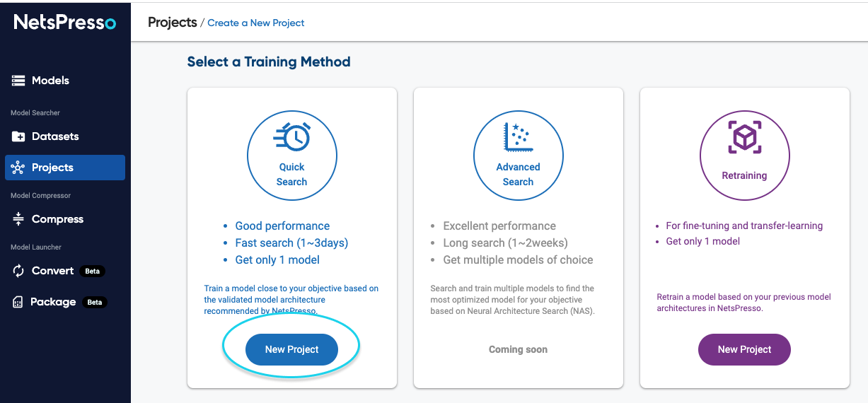 Step 3 Create project (Quick Search)