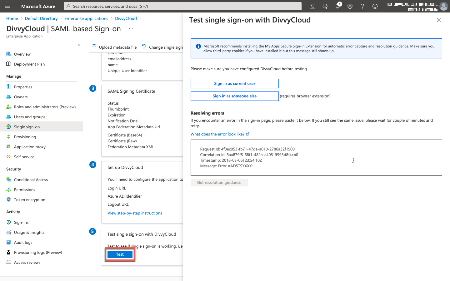 Azure Console - Test Single Sign-on With InsightCloudSec Page