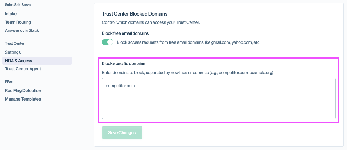 Block specific domains text area with helper text 'Enter domains to block, separated by newlines or commas (e.g., competitor.com, example.org)' and a Save Changes button below it.