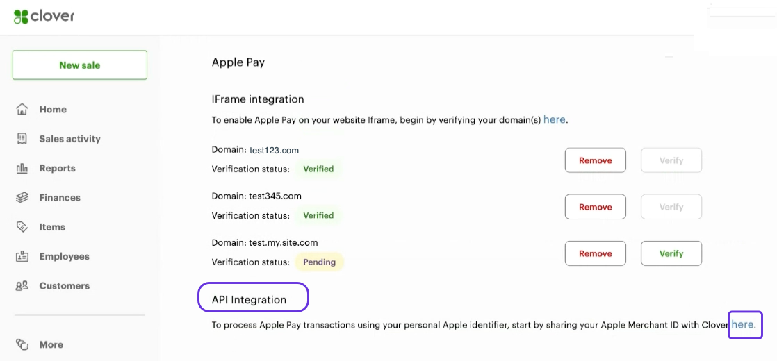 Clover Merchant Dashboard: Ecommerce Payments page > Apple Pay section > API Integration