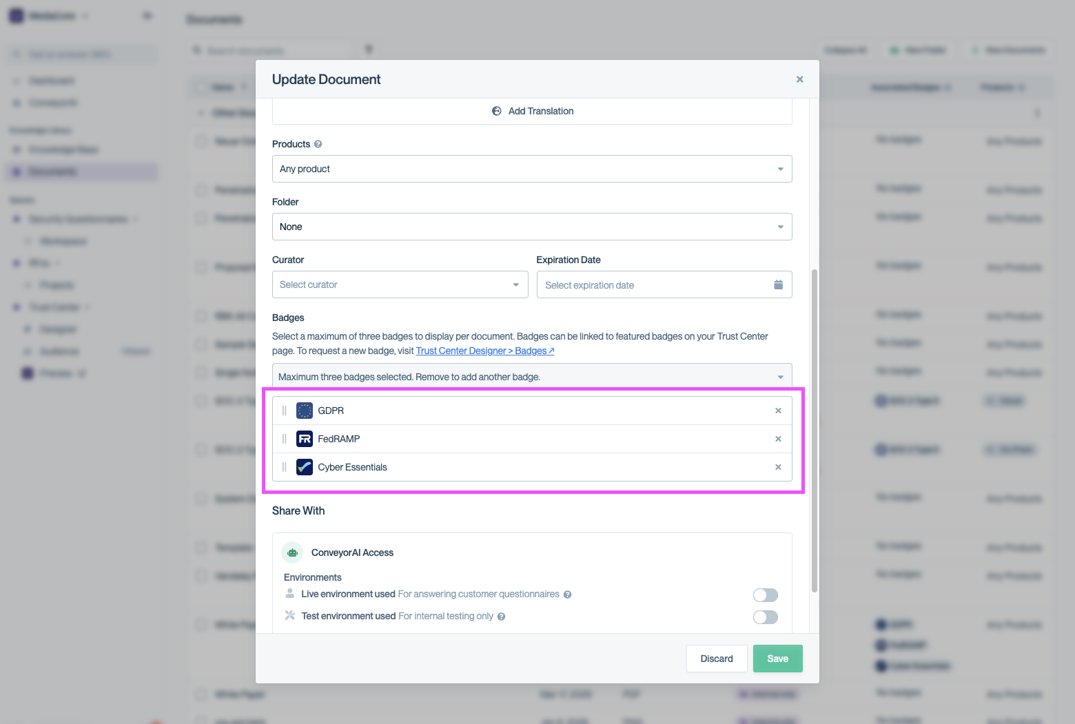 Update Document modal showing the Badges section with a dropdown and multiple selected badges (GDPR, FedRAMP, Cyber Essentials).