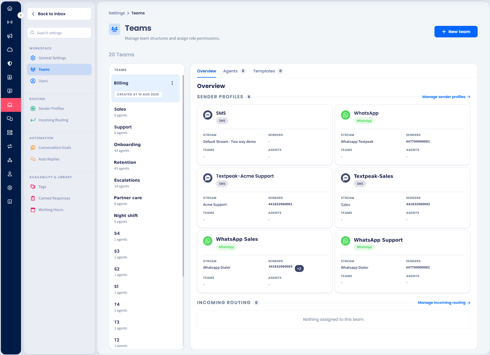 Screenshot of the Teams page with the TEAMS panel on the left and the Agents tab open on the right
