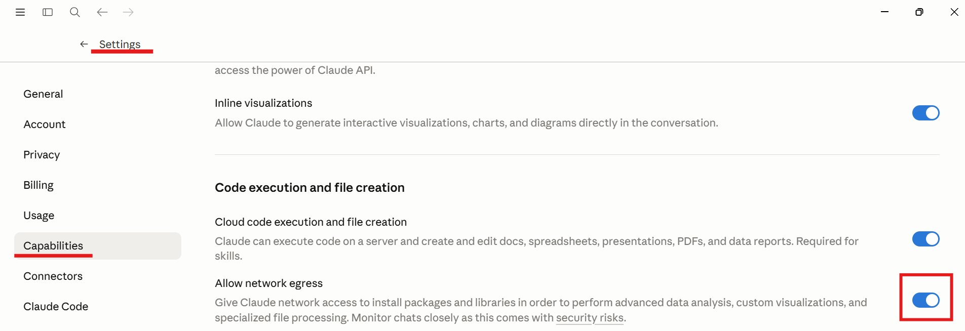 Network egress enabled in the Claude Capabilities settings