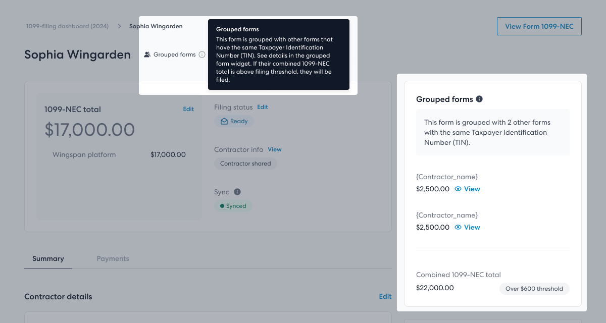 Image showing grouped forms label in the recipient's 1099-NEC details page