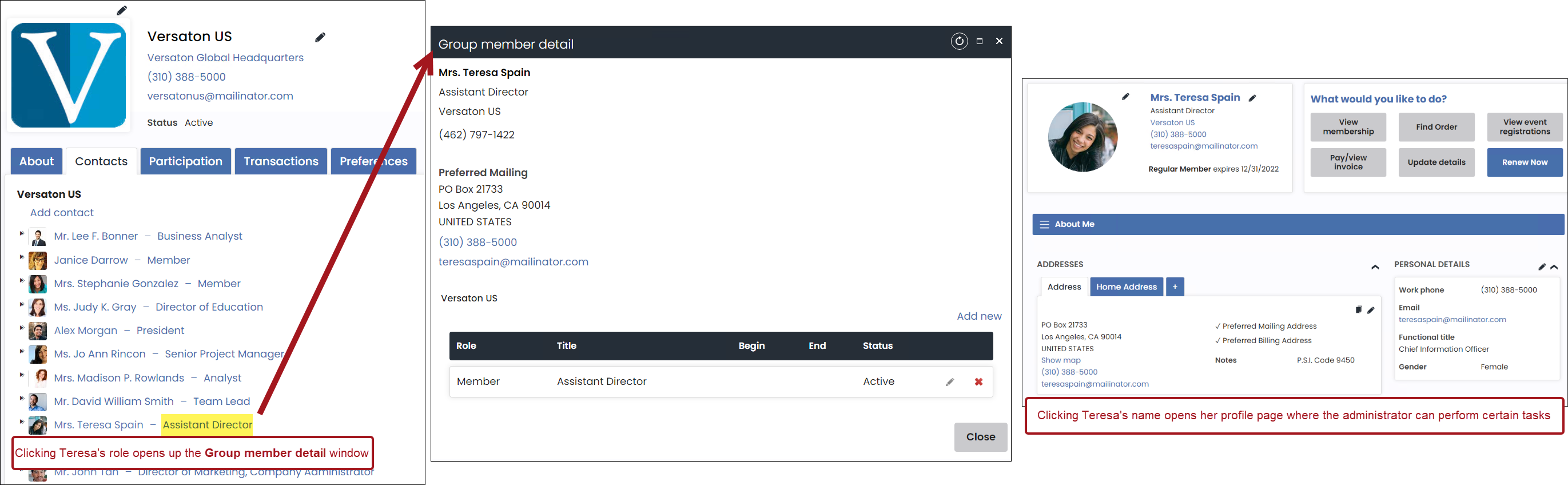 Series of images: Selecting a contact's role in the organization to open the group member detail window or clicking contacts name to open her account page