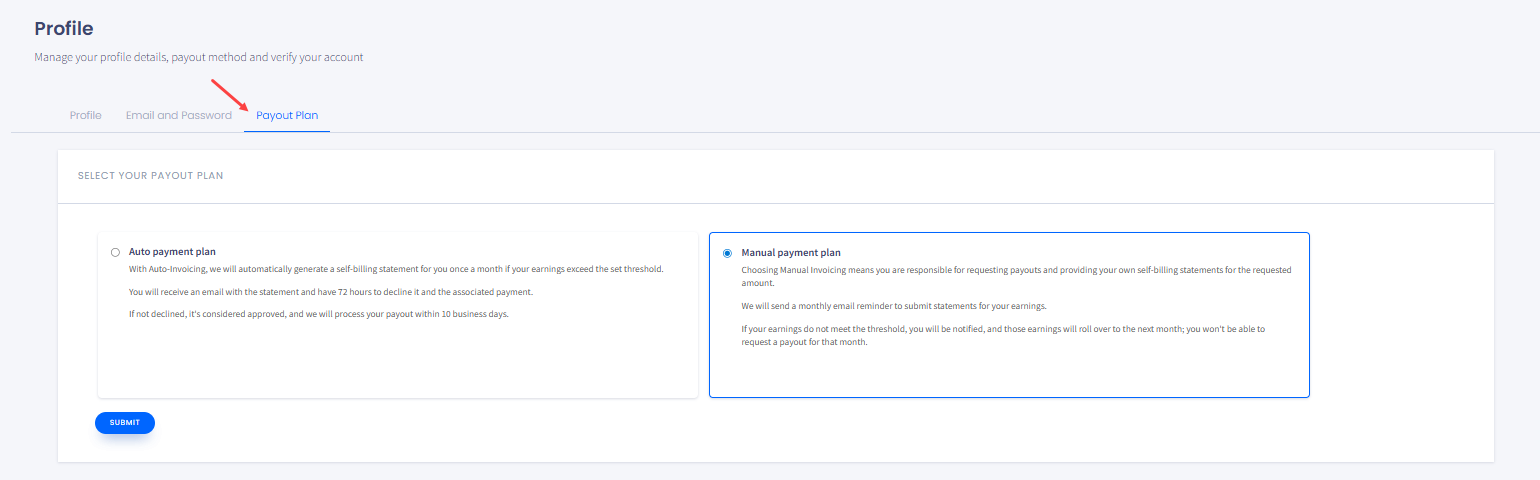 **Profile > Payout Plan** tab