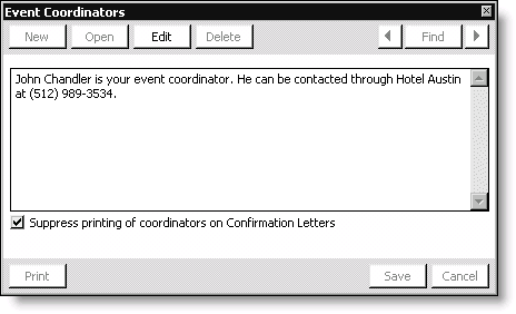 From Events, select Define an event, double-click an event, click More, and select Coordinators