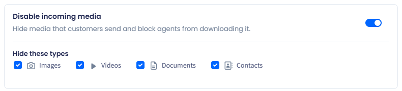 Screenshot of the Media restrictions section switched on, showing the Hide these types checkboxes for Images, Videos, Documents, and Contacts