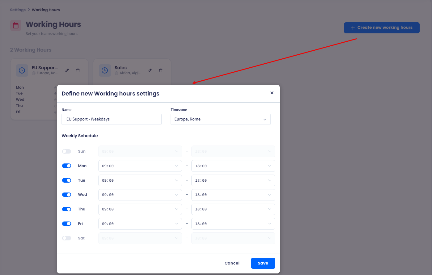 Screenshot of the Define new Working hours settings dialog