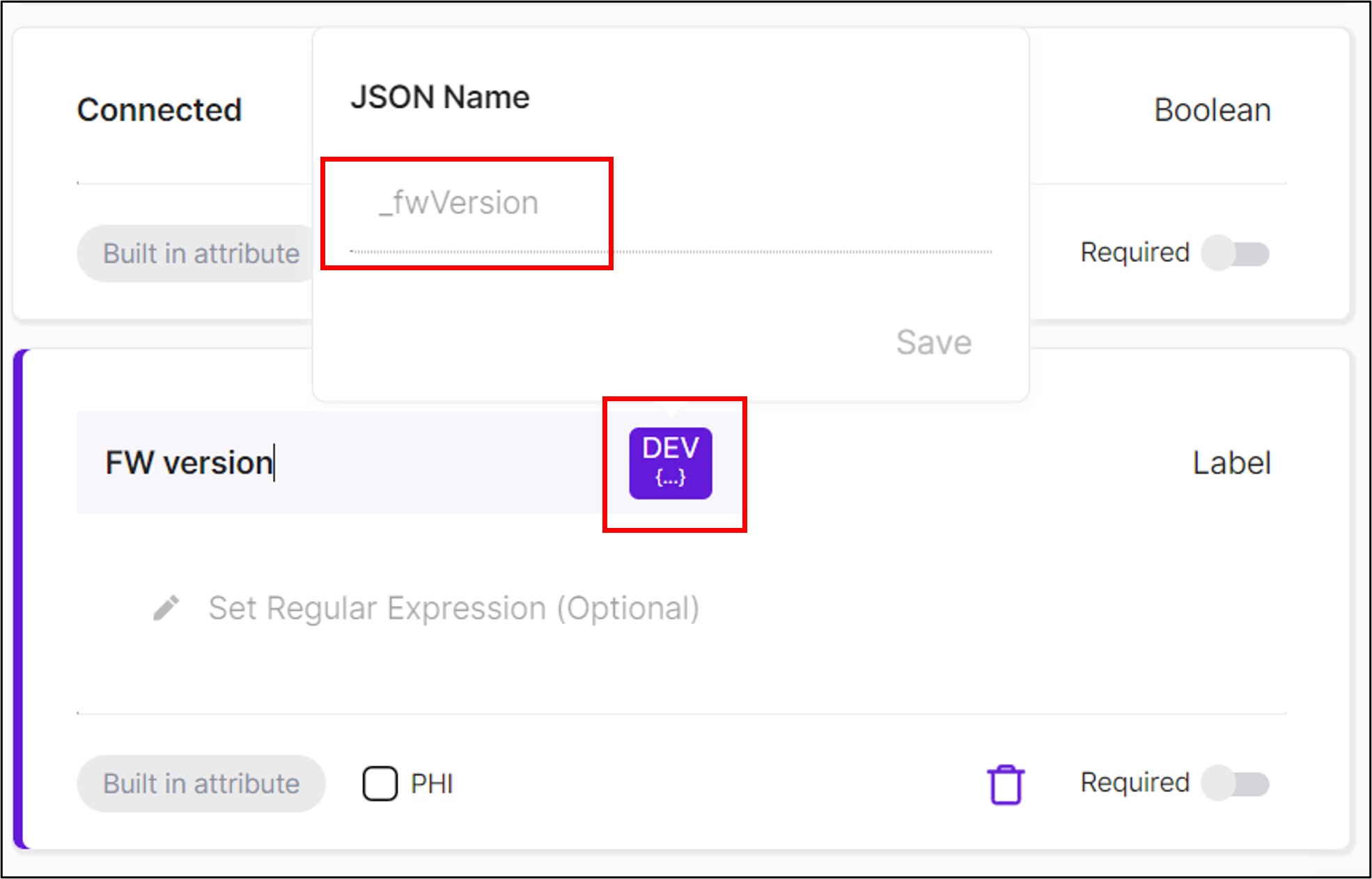 Firmware Version Field with Highlighted JSON Name