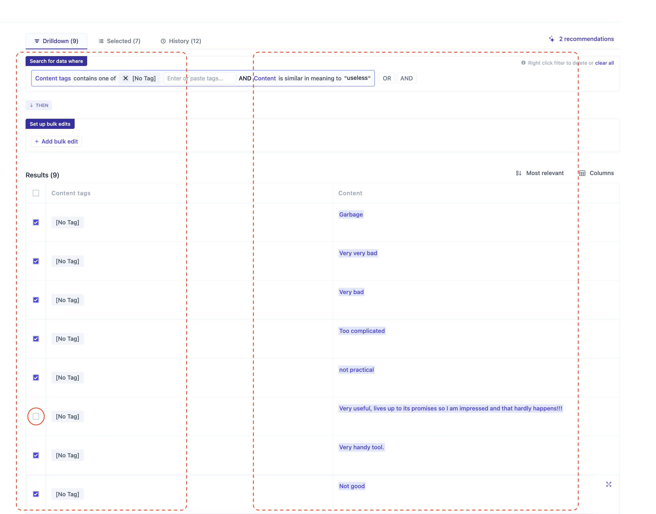 Relevance AI - Bulk Editor, matching results