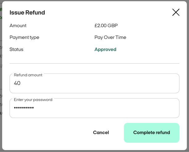 Issue refund popup