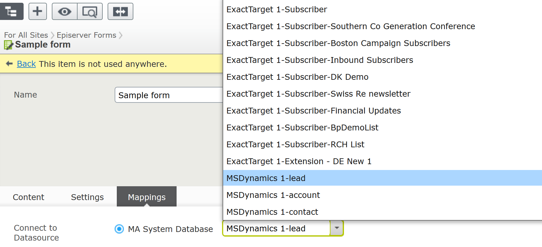 Screenshot of the Mappings tab where selecting the MA System Database for Microsoft Dynamics CRM field mapping