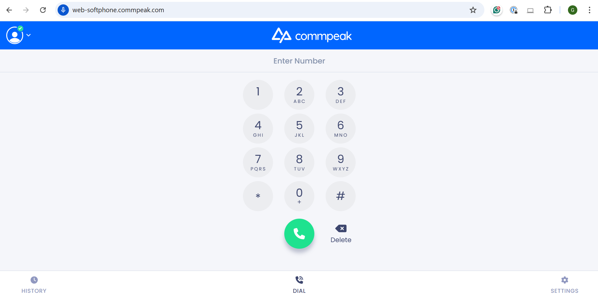 Screenshot of the web-based Softphone dialpad