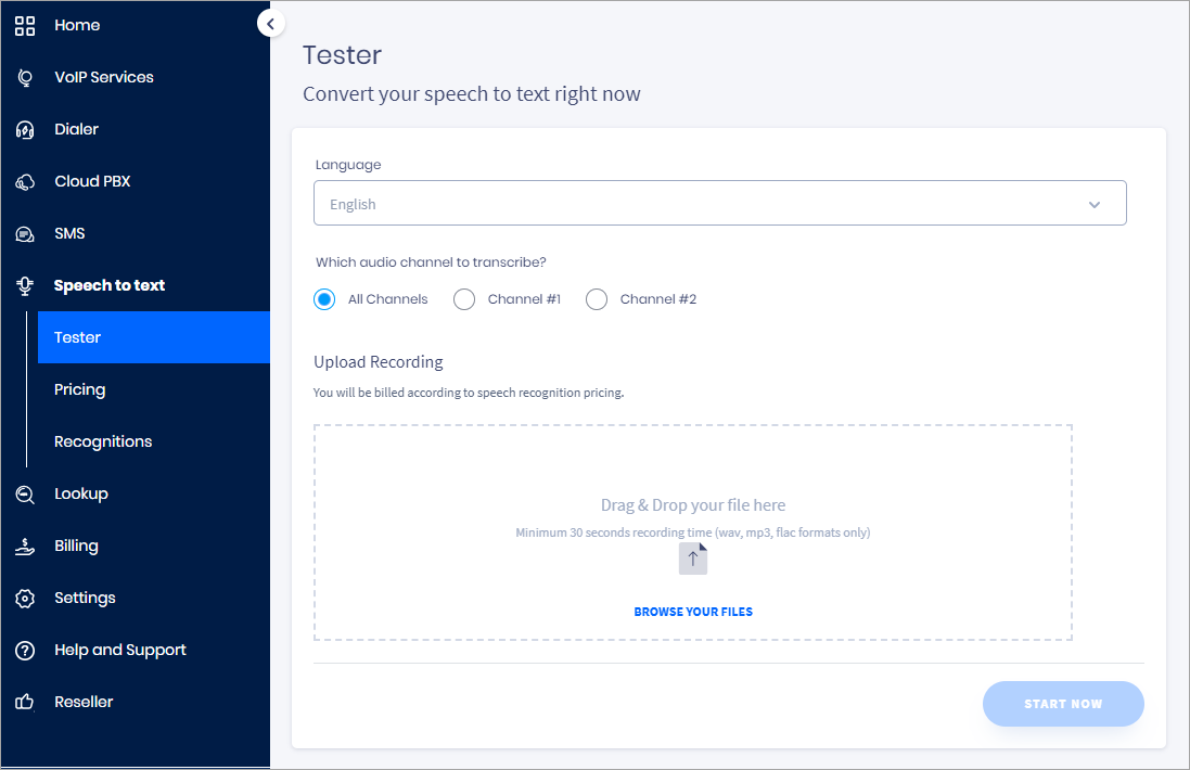 Screeenshot of the **Speech to Text* > **Tester** tab