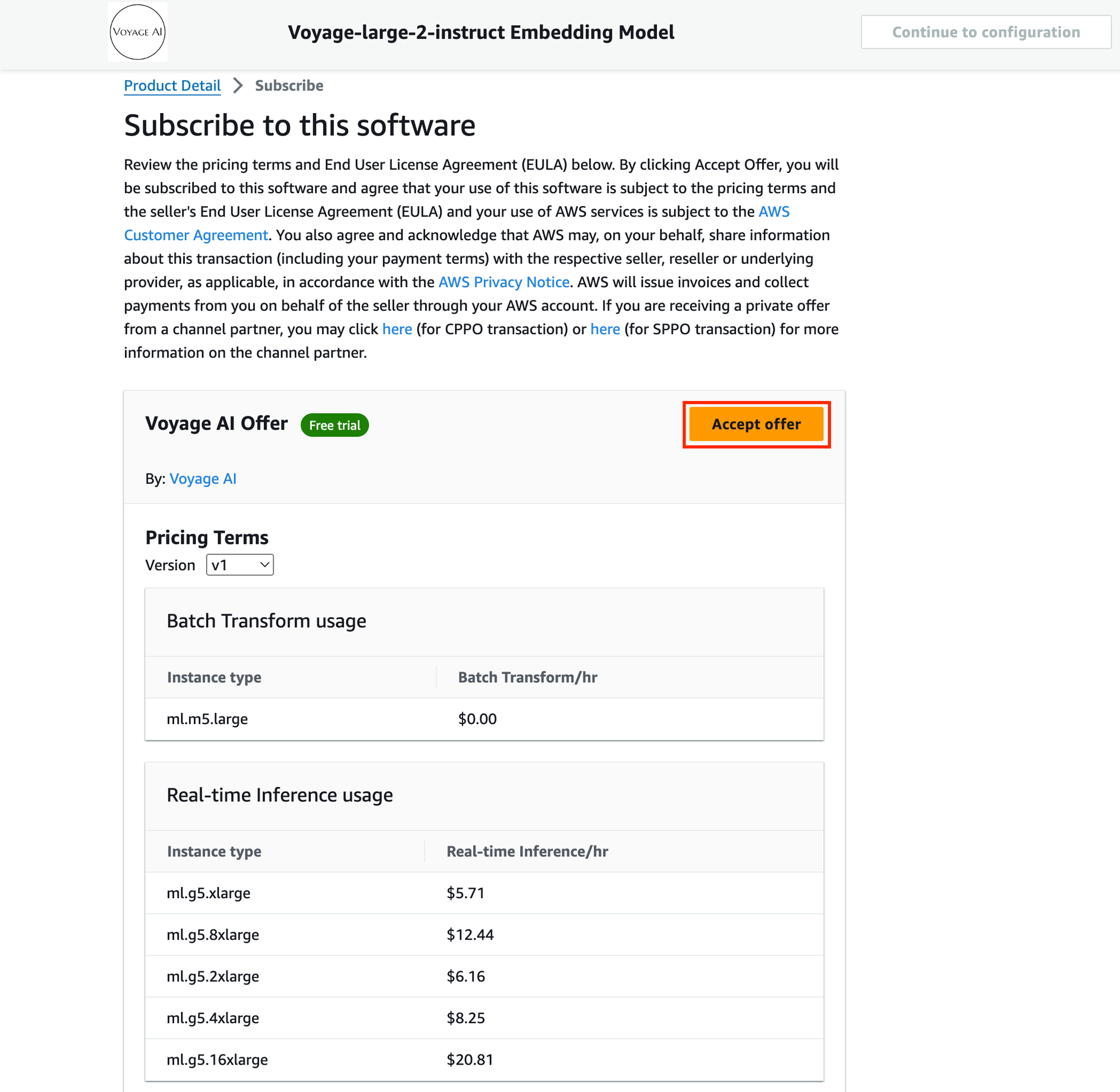 Voyage AI model package AWS marketplace subscribe