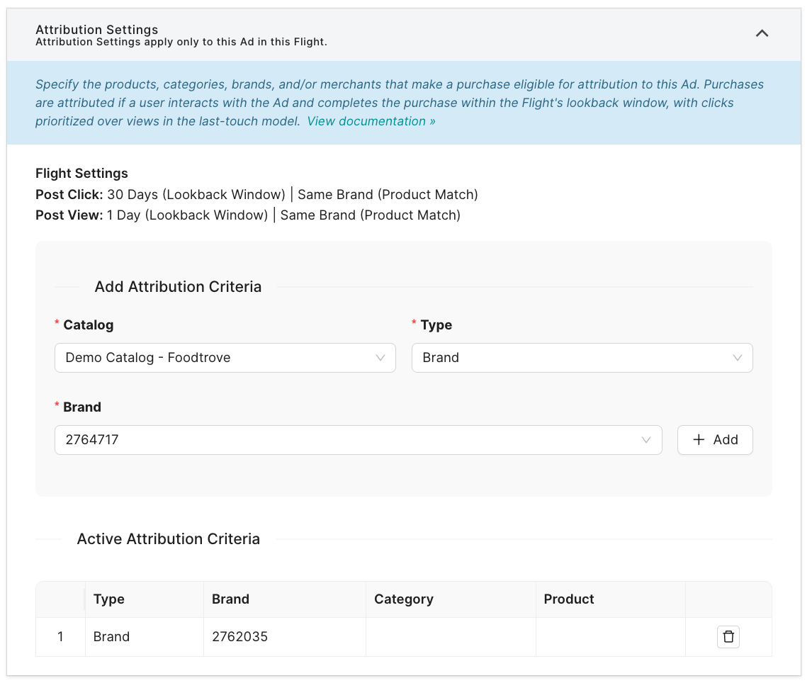 Example attribution criteria for a brand. Use this setup for display ads promoting one or more brand.