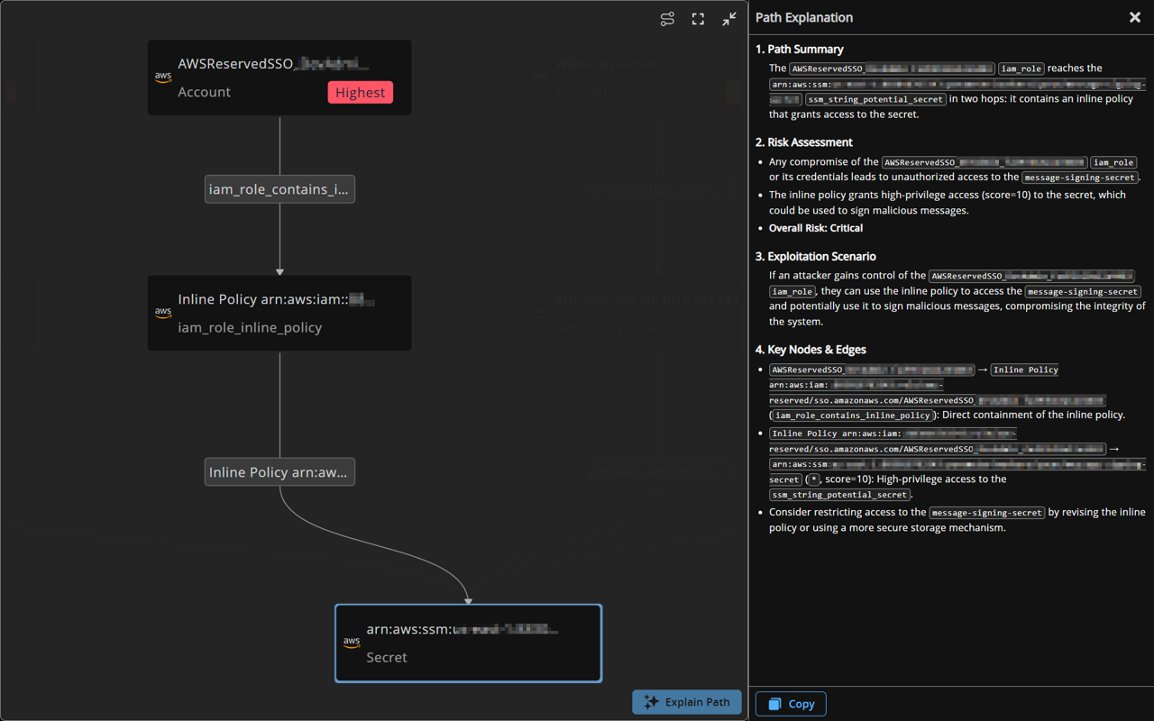 Path Explanation panel showing an AI-generated summary, risk assessment, exploitation scenario, and key nodes