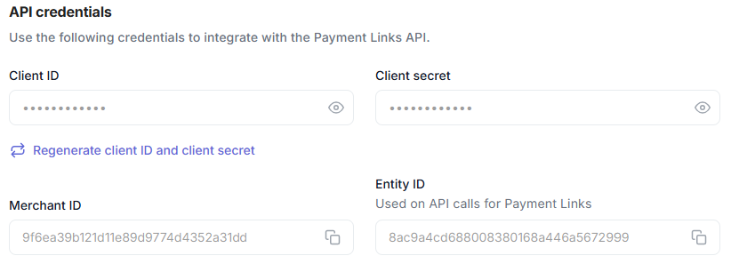 Payment Links API credentials.