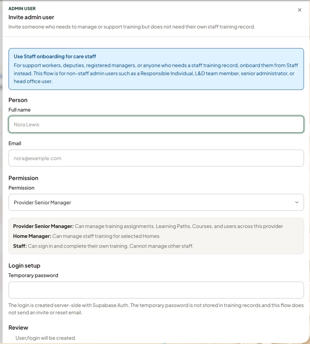 The Invite admin user panel, showing the permission levels and login setup