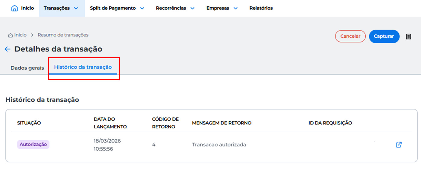 Histórico da transação com registro dos eventos ao longo do ciclo de vida