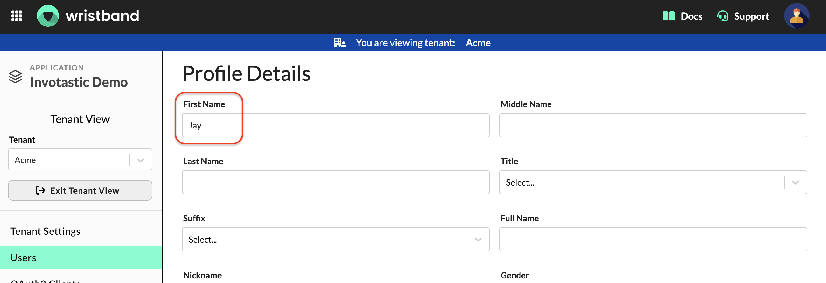 Wristband: Edit User page showing Profile Details form with First Name populated via attribute syncing