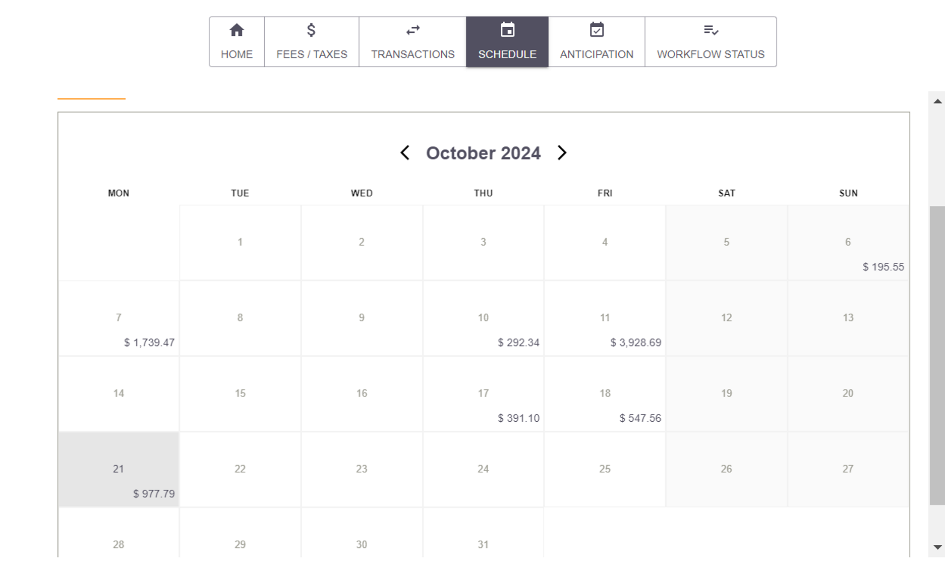 Receivables schedule calendar