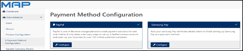 once logged in to the merchant access portal navigate to configure payment method form the menu on the left. 