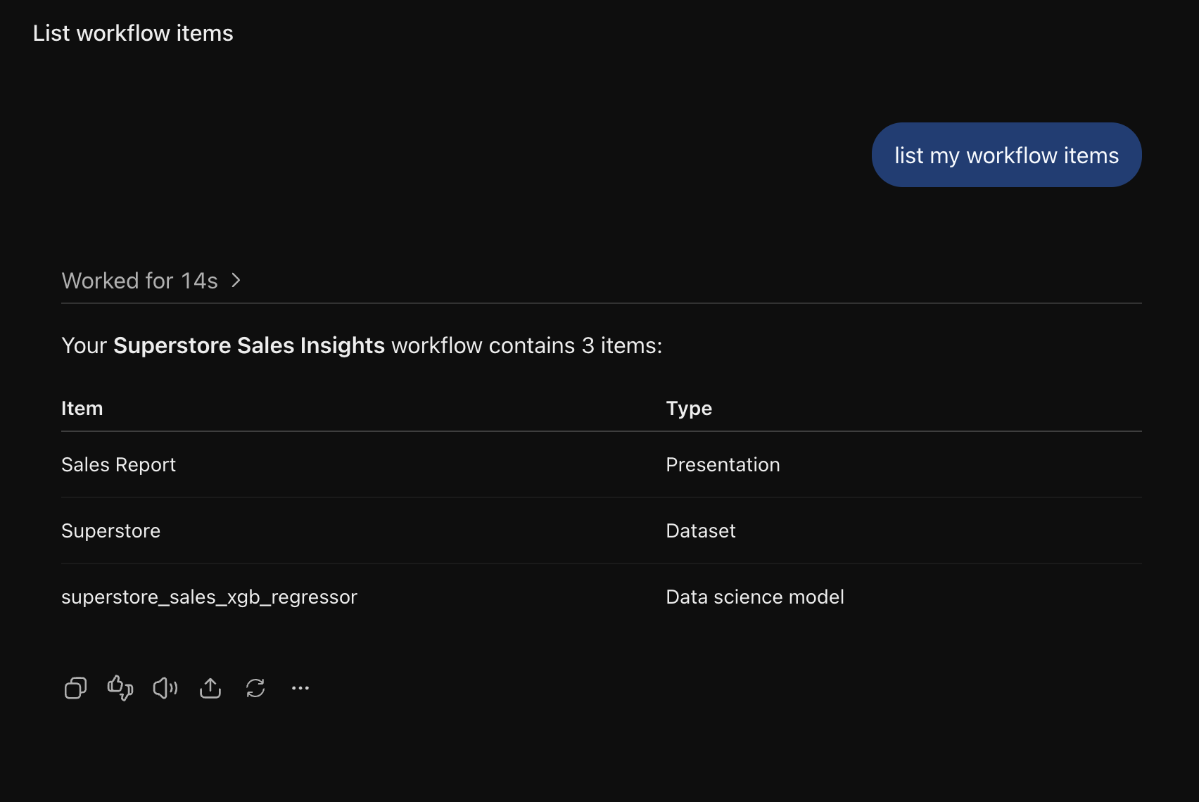 Placeholder: the assistant listing the datasets, file collection, and presentation in one MCP workflow
