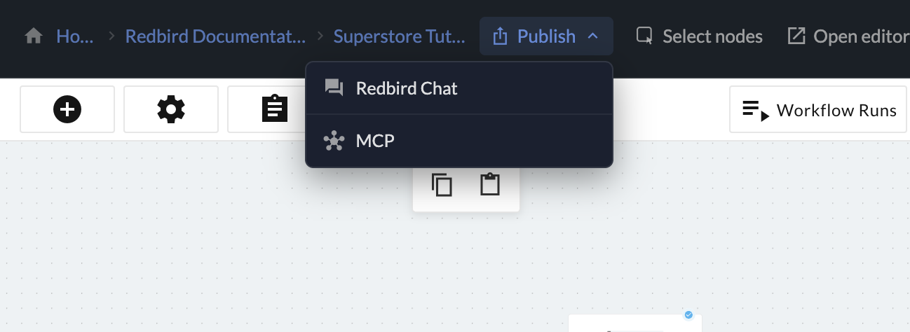 The Publish menu at the top of the workflow preview, with the Redbird Chat and MCP options