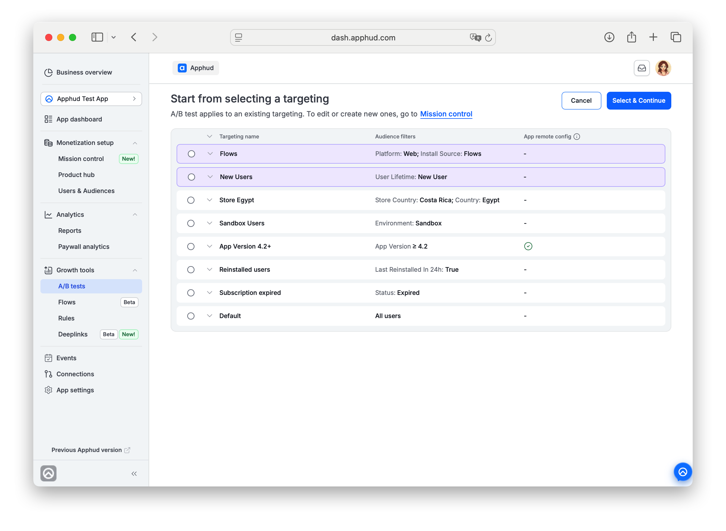 Apphud - Targeting selection for the test